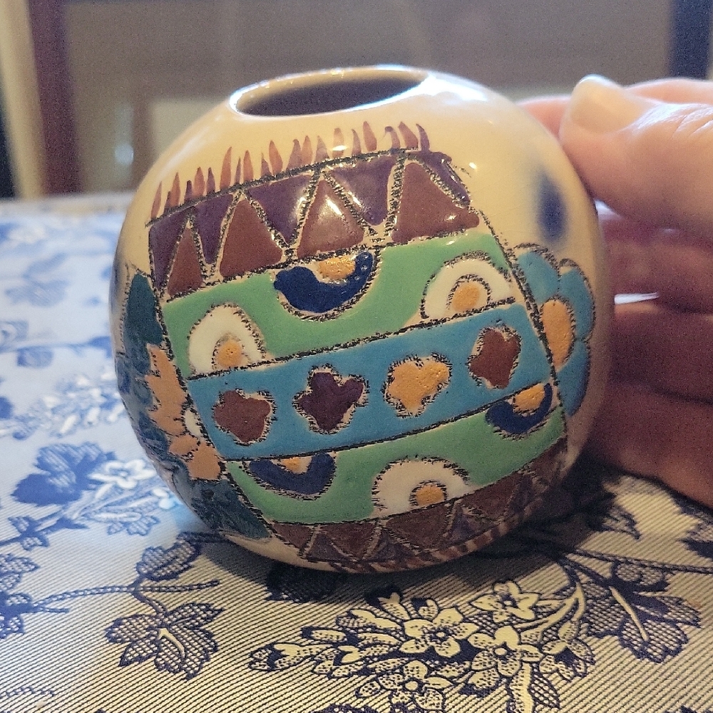 5 For 25.00/Colorful Round Southwestern Ceramic Vase w/ Floral Design,VINTAGE